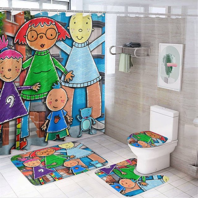 Pinky Dinky Doo-theme 4-Piece Shower Curtain Set with Rugs, Waterproof Bathroom Decor Set Includes Bath Mat, U-Shaped Rug, Toilet Lid Cover and Curtain with Hooks