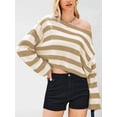thumbnail image 4 of Women'S Long Sleeve Striped Oversized One Shoulder Loose Fit Casual Baggy Short Pullover Sweater Khaki L, 4 of 8