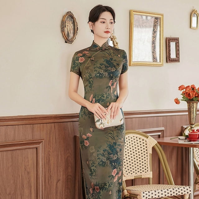 Vestido cheongsam de primavera y verano, vestido de satén para mujer, moda retro ajustada, disfraces de banquete