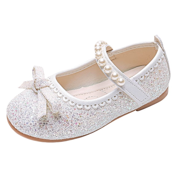 Krdevn Toddler Girls' Glitter Mary Jane Flats, Pearl Bow Decor Adjustable Hook and Loop Strap Comfortable Princess Dress Shoes,Sizes 7-7.5 Years