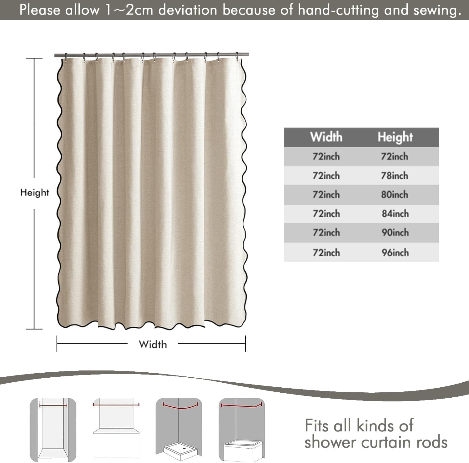 84" Long Scalloped Shower Curtain Linen Textured with 12 Metal Hooks Cute Extra Long Heavy Duty Washable Waterproof Cloth Shower Curtains with Black Border for Bathroom Bathtub,Cream Beige