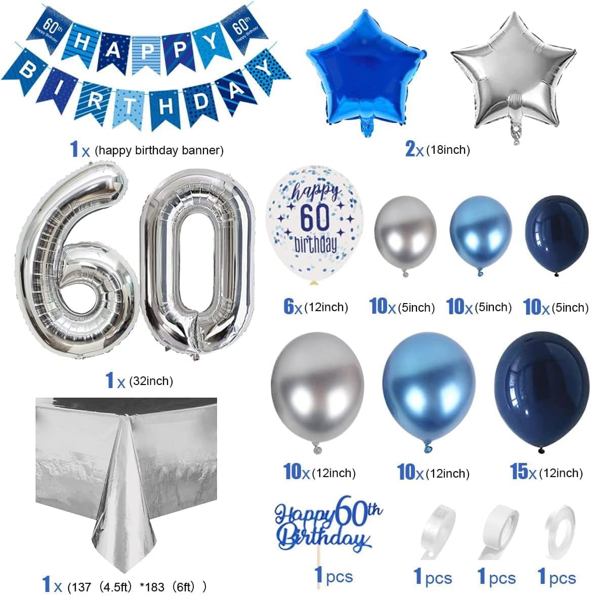 60th Birthday Decoration, Navy Blue Silver Balloons for Woman Man, Birthday Party Decor for Adult