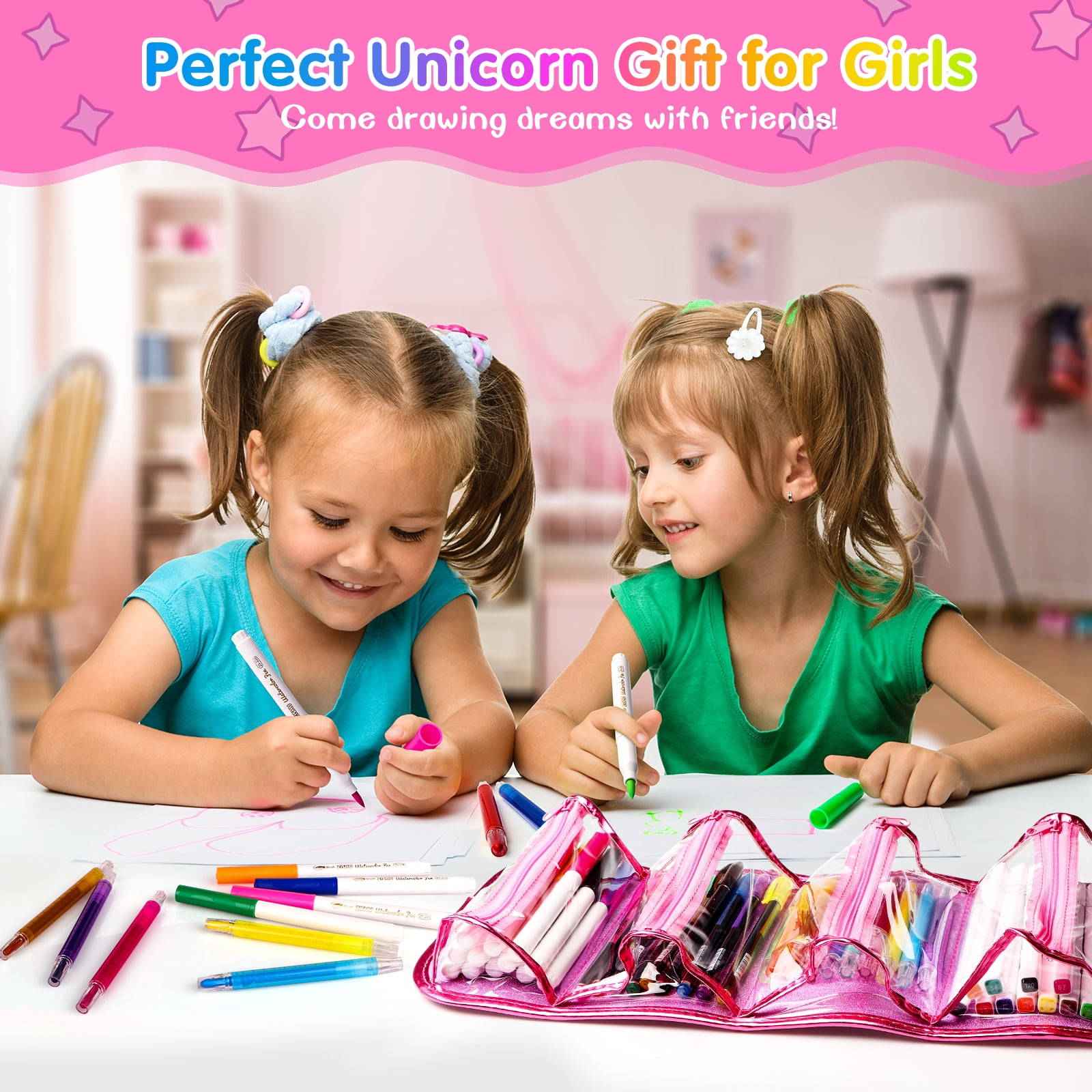 Fruit Scented Markers Set 56 Pcs with Glitter Unicorn Pencil Case &  Stationery, Art Supplies for Kids Ages 4-6-8, Art Coloring Kits Box, Gifts  Toy for Girls Age 5,7,Gel Pen,Pencil&Crayon Drawing Stuff 