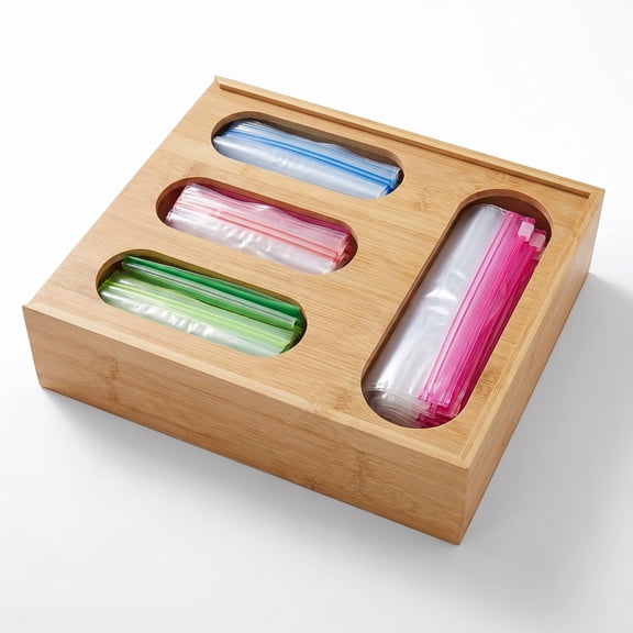 Bamboo Ziplock Bag Organizer for Kitchen Drawer, 4 Slot Storage Holder Fits Gallon Quart Sandwich Snack Bags