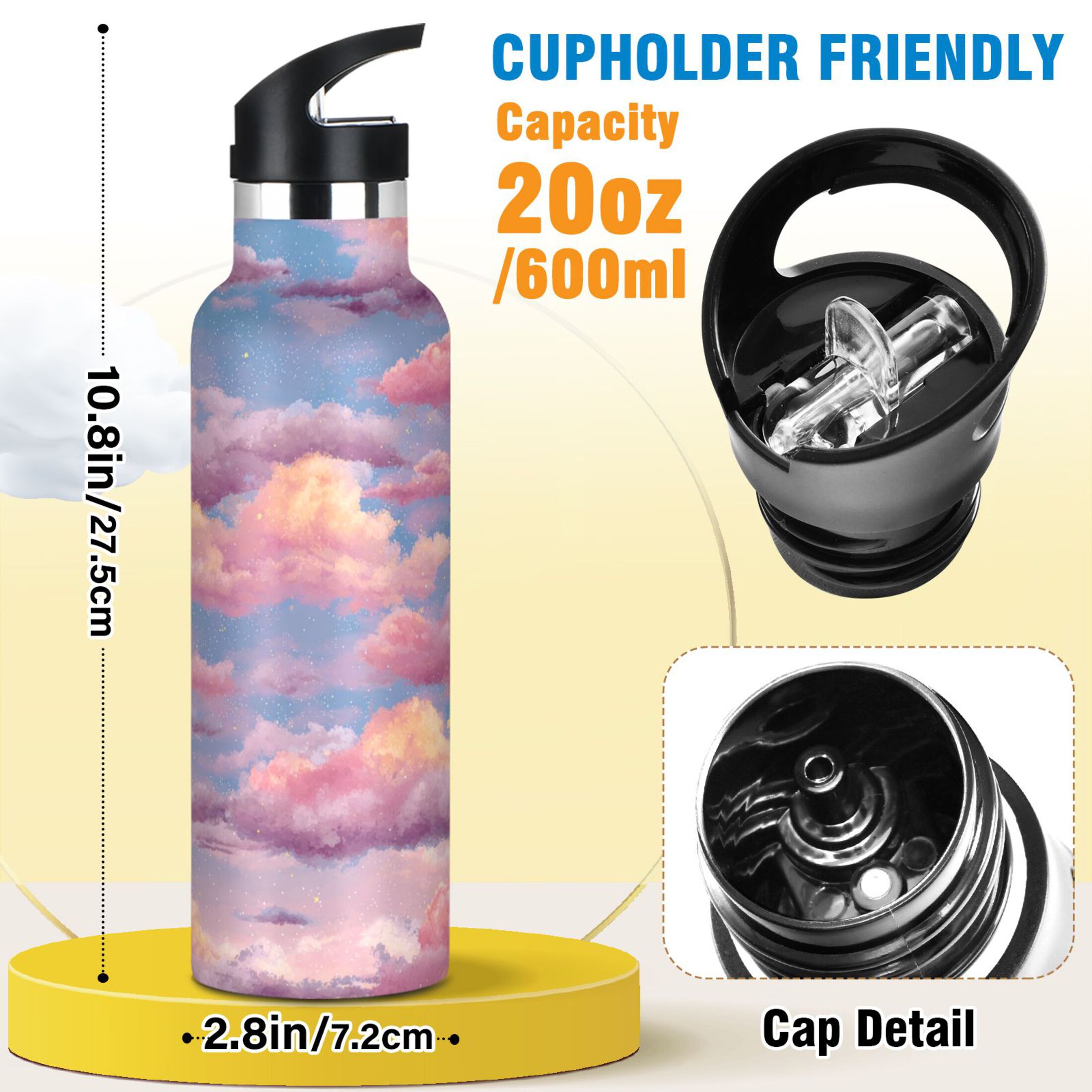 600ML Stainless Steel Insulated Cup Sports Water Bottle Portable Thermos Cup Water Glasses Insulated Tumblers Convenient and Durable Cartoon Pink Sky
