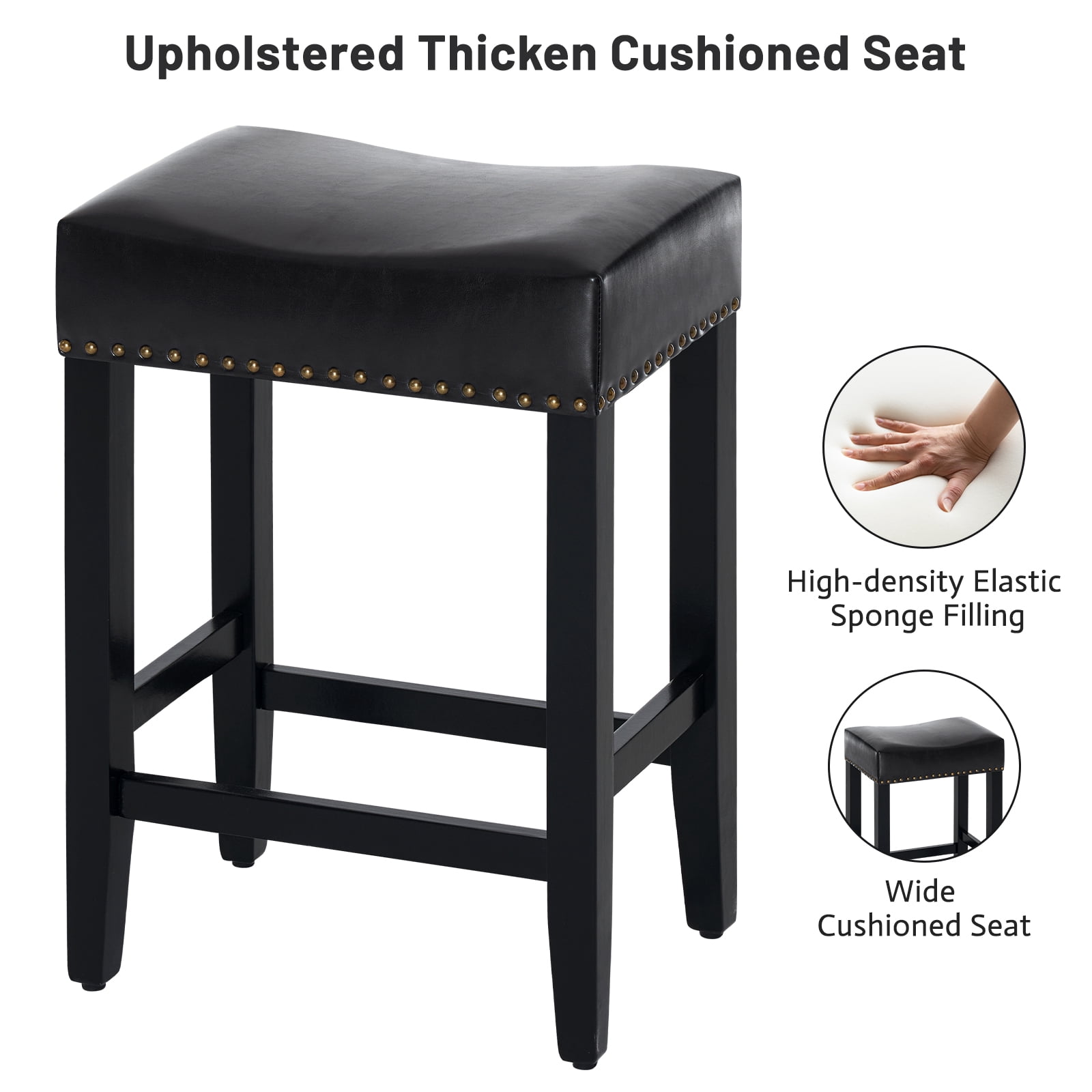 Furniliving 26" Backless Counter Stool Set of 4, Counter Height Bar Stools PU Saddle Stool, Black