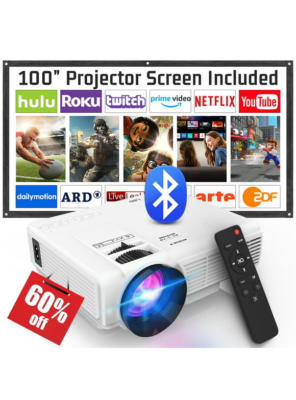 DR.J Professional Mini Projector with Bluetooth 5.1 and 100" Screen, Full HD HDMI 1080P 170" Display Supported
