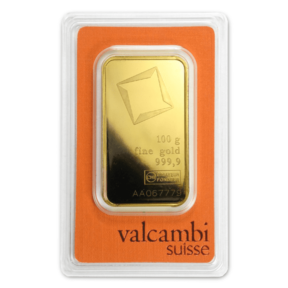 100 Gram Valcambi Suisse .9999 Fine Gold Bar in Assay