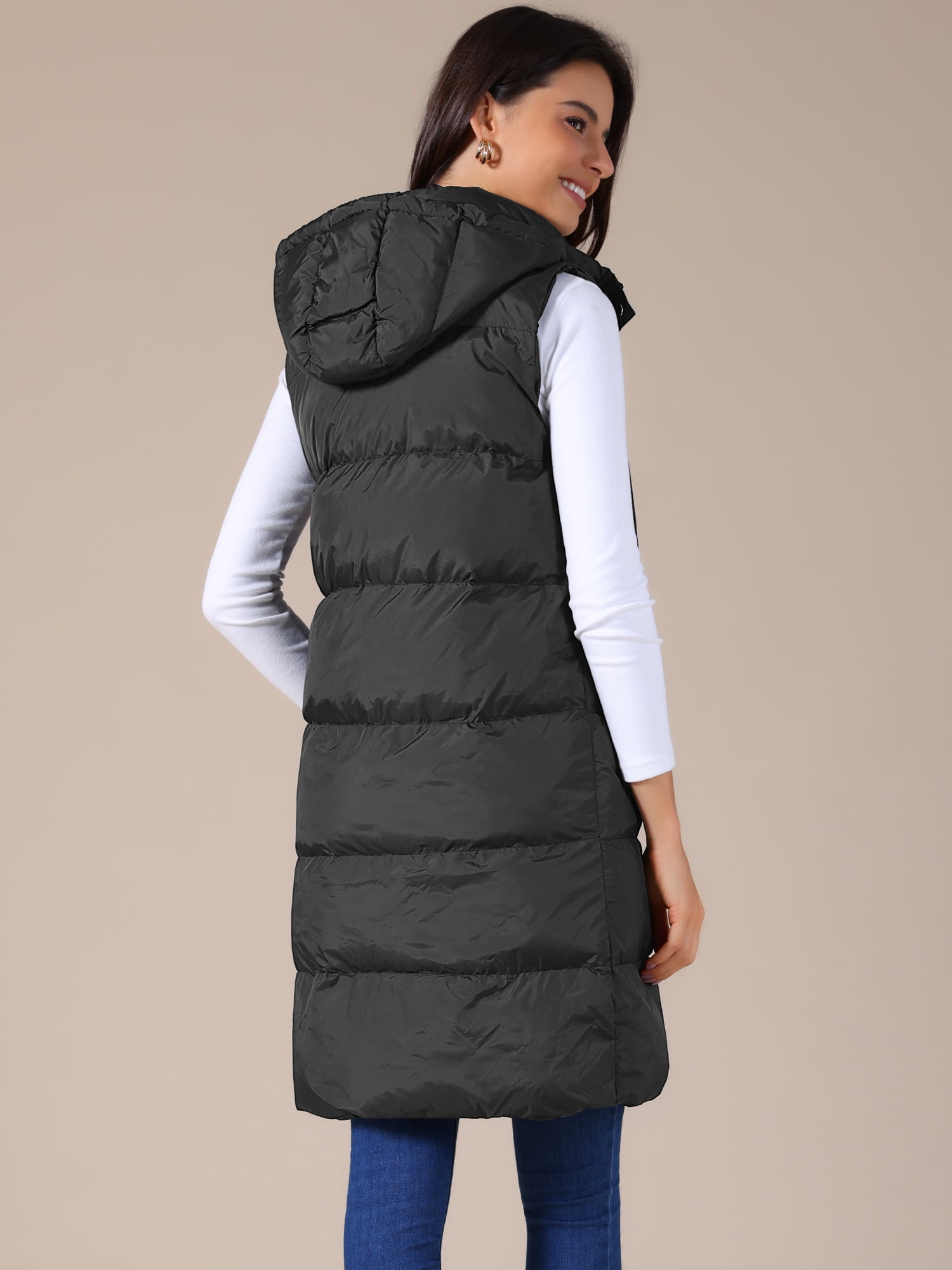 DARING DIVA Women's Long Puffer Vest Casual Sleeveless Hooded Down Jacket S Black