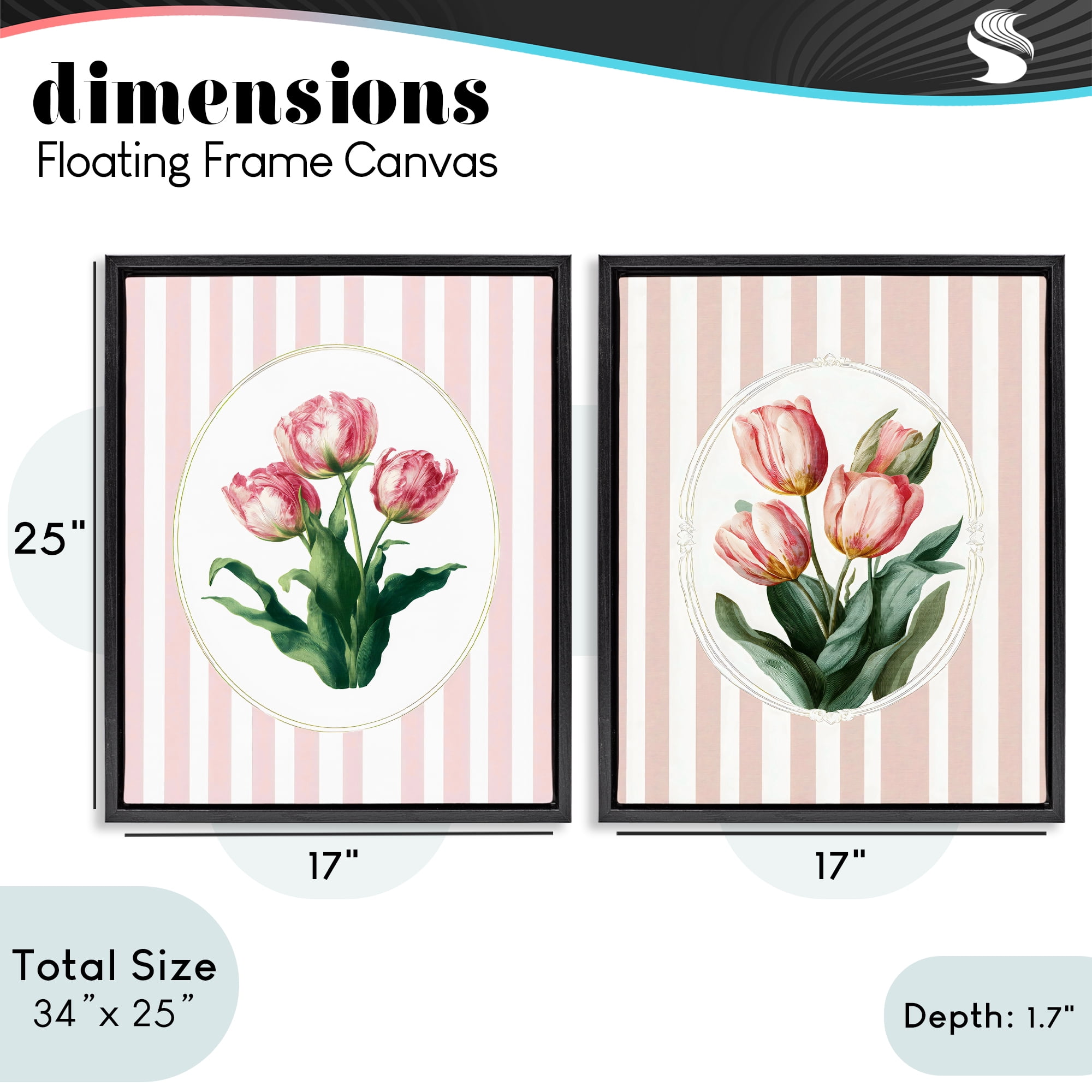 Stupell Industries Blush Tulips on Stripes 2 Piece Black Framed Floater Canvas Set, design by Ink Drop Loft