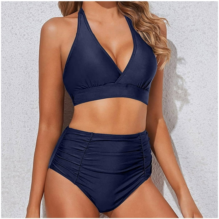 VSSSJ Swimsuits for Women Halter Neck Tie Back Bathing Suits with Swim  Bottoms Ruched Two Piece Bikini Set High Waisted Swimwear Navy L 