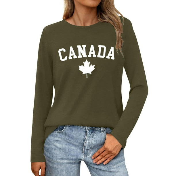 MHFRRA Camiseta de Manga Larga para Mujer con La Bandera del Día de Canadá y La Hoja de Arce Canadiense. Verde Militar