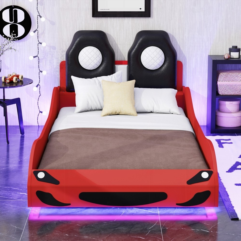 Wood Twin Size Race Car-Shaped Platform Bed in Red with LED and Upholstered Backrest for Ultimate Comfort and Safety