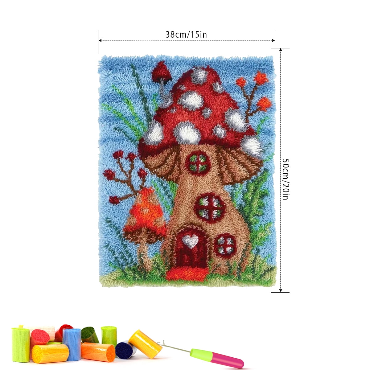 Latch Hook Kits for Adults, Carpet Making Crochet Kits Embroidery Kits Needlework Crafts for Home Decor, Mushroom House,50*38cm/20*15in