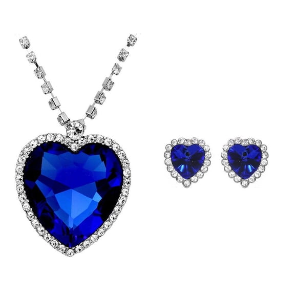 Crunchy Fashion Blue Silver Plating Heart Of Ocean Crystal Pendant Set