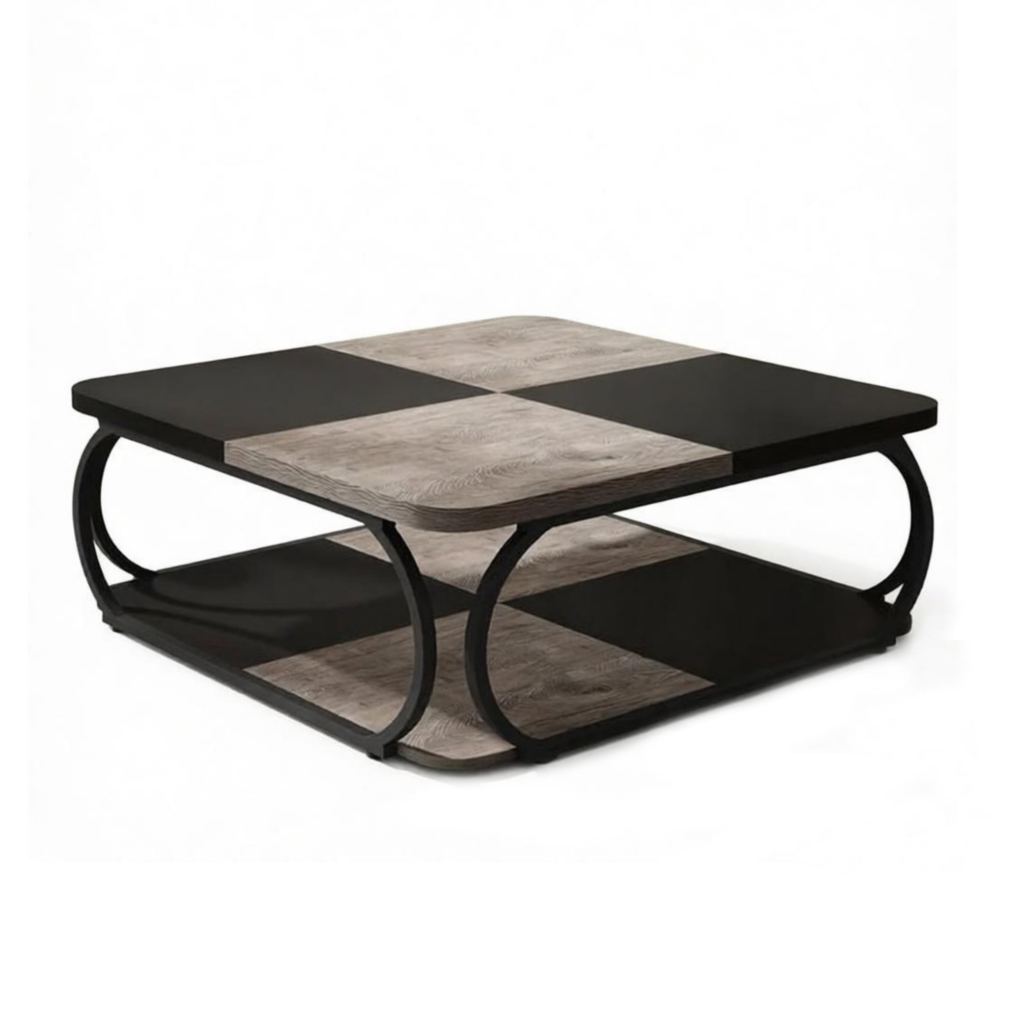 39 Inch Square Cocktail Table with 2 Tier Shelves, Central Coffee Table