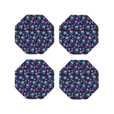 

Tebeau purple Skull flower Print Set of 4 Leather Drink Coasters Round Cup Mat Pad for Home and Kitchen Use 4 -Octagon