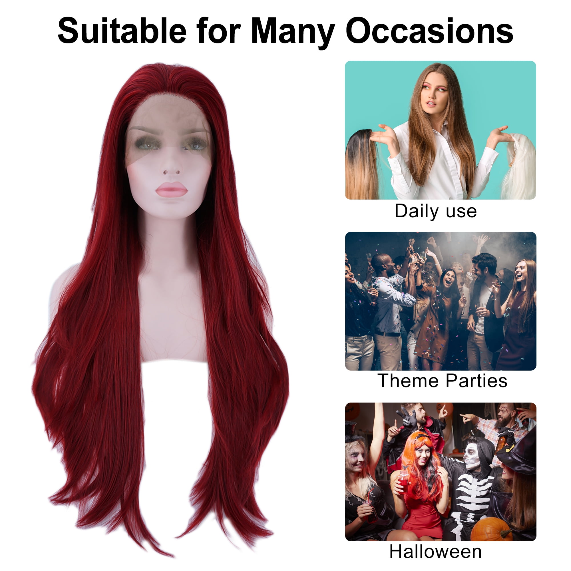 Unique Bargains Lace Front Wigs for Women 24" Fuchsia Long Straight Hair with Wig Cap