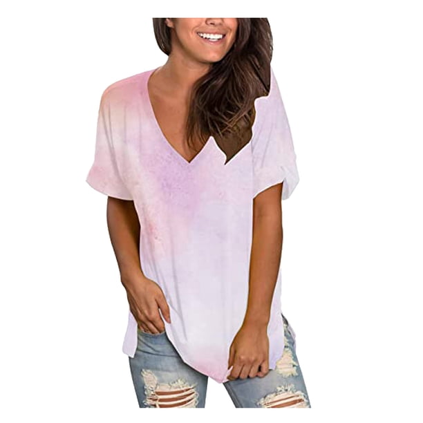 Gibobby Camisas mexicanas con cuello en V para mujer Camiseta suelta informal con cuello en V para mujer, blusa manga corta con estampado(Rosa,CH)