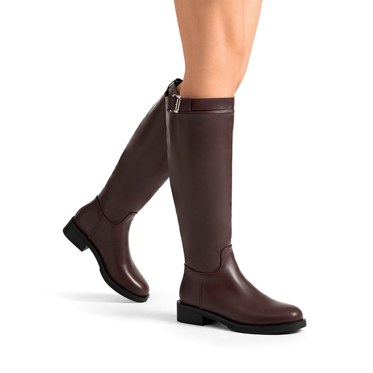 Jeossy Women's 9656 Knee-High Riding Boots - Buckle Detail, Side Zipper, Low 0.7" Heel