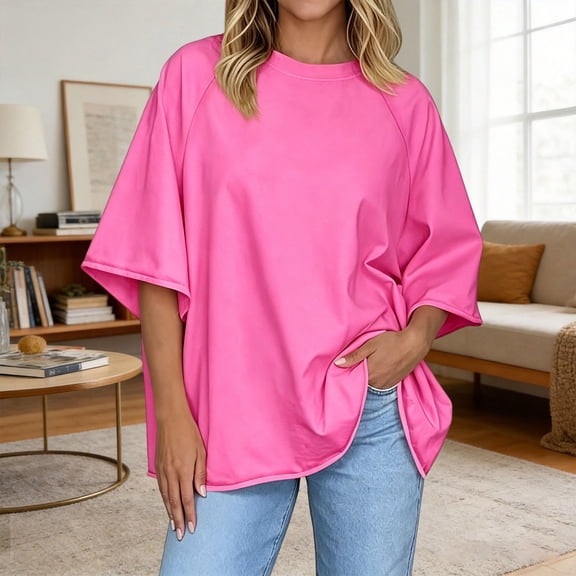 Yigetop Women & Plus Size Drop Shoulder Relaxed Casual Tee Shirt Top Lightweight Soft Comfy Daily Wear Hot Pink L