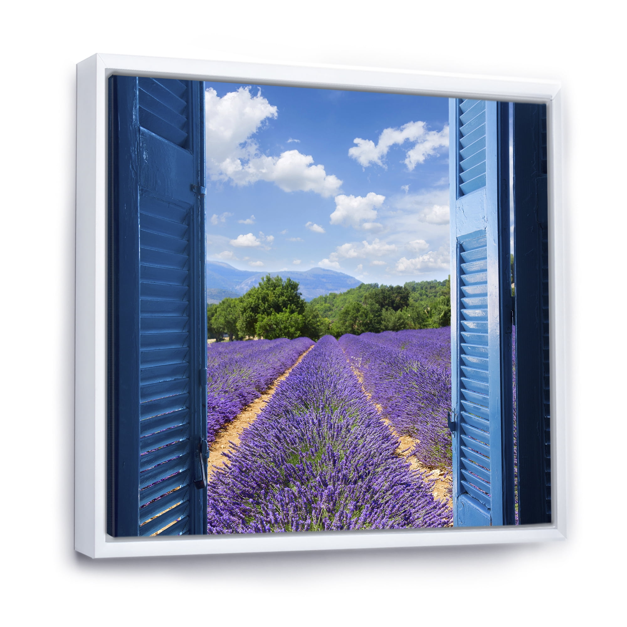 Designart 'View of Lavender Field Through Blue Open Cottage Window' Farmhouse Framed Canvas Wall Art Print