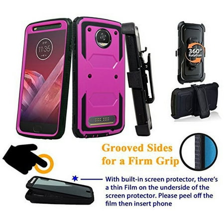 for 5.5" Motorola moto Z2 Play Z2 Force z2play z2force case Phone Case 360° Cover Screen Protector Clip Holster Kick Stand Grip Sides Armor Peach