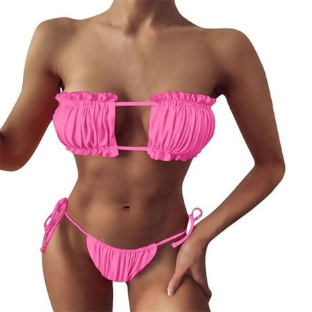 JIANJIA Swim Suits for Women Summer Solid Color Sexy Strapless Pleated Hollowed Out Brassiere With Thongs Two Piece Bikinis Swimwears Holiday Wear Hot Pink XL