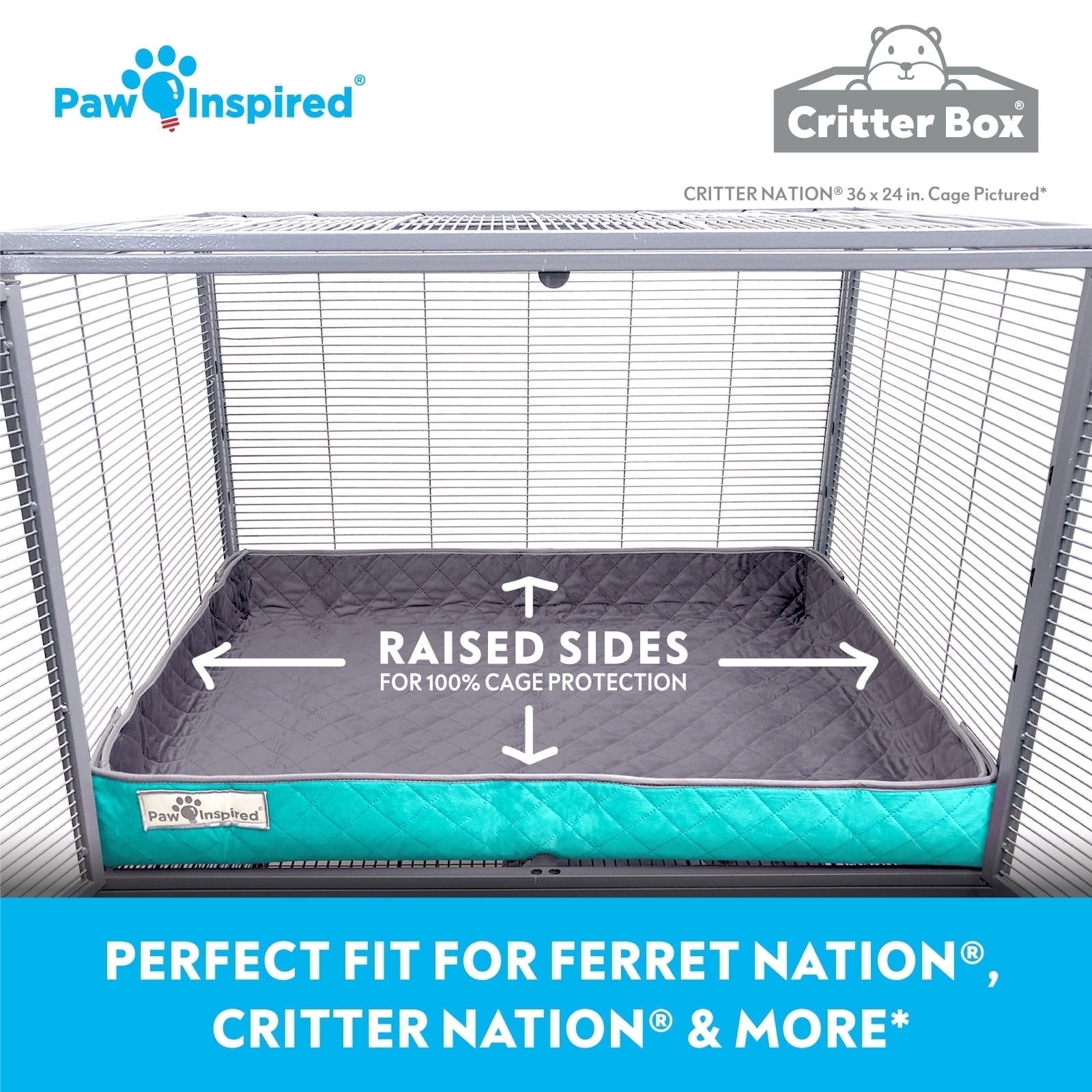 Paw Inspired Raised Side Cage Liner for MidWest Ferret Nation, Reversible Washable Bedding Bottom for Ferrets, Chinchilla and Small Animals (Gray/Green)