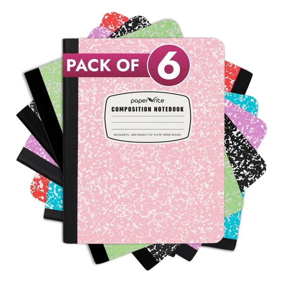 Paper Rite Wide Rule Composition Notebooks Value Pack, 9.75 x 7.5 in, Assorted Colors, 100 Sheets, 6 Count, 6 Pack