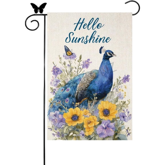 Spring Summer Peacock Garden Flag 12x18 Inch Double Sided Hello Sunshine Butterfly Flower Watercolor Outdoor Yard Decoration