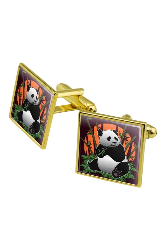 Giant Panda Bear Eating Bamboo Square Cufflink Set - Silver or Gold