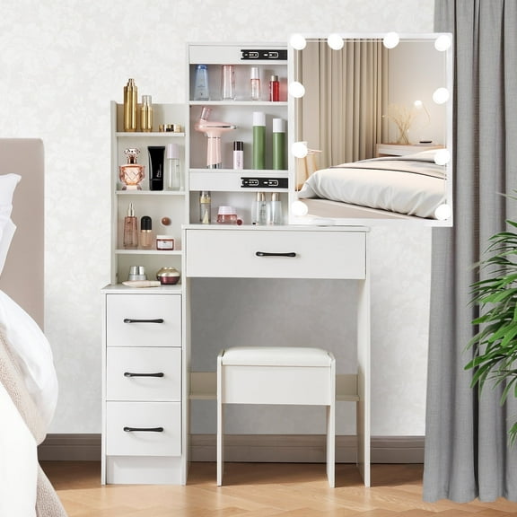 Yamissi Vanity Desk with Lights Makeup Table with Slidable Mirror Modern Dressing Table with Drawers & Cabinet, White