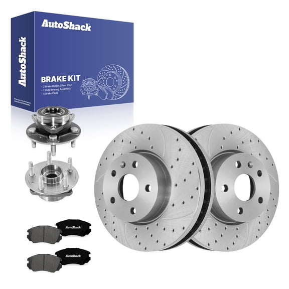 AutoShack Front Vented Drilled & Slotted Silver Zinc Coated Brake Rotors   Ceramic Pads   Hub Bearing Assembly 8-PC Brake Kit Replacement for 2018-2019 Chevy Impala SilverShield Pro 12.64" (321 mm)
