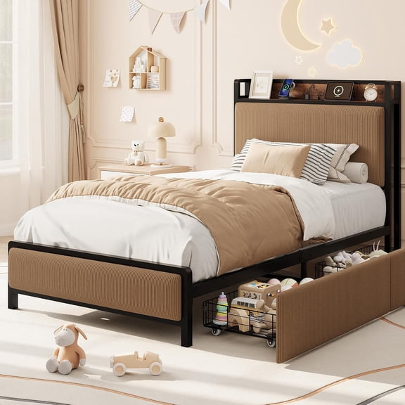 Twin Size Bed Frame with 2 Drawers & Charging Station, Brown | Corduroy Fabric Upholstered Shelf Headboard, Under Bed Storage, No Box Spring Needed, Easy Assembly Wooden Slat Support
