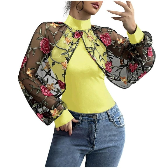Long Sleeve Shirts for Women Floral Mesh Sheer Top Embroidery Lace Blouse Patchwork Tshirt Crew Neck Slim Fit Blouses Easy Breathable Shirt Trendy Outfits Going Out Tops Comfy Daily Tee