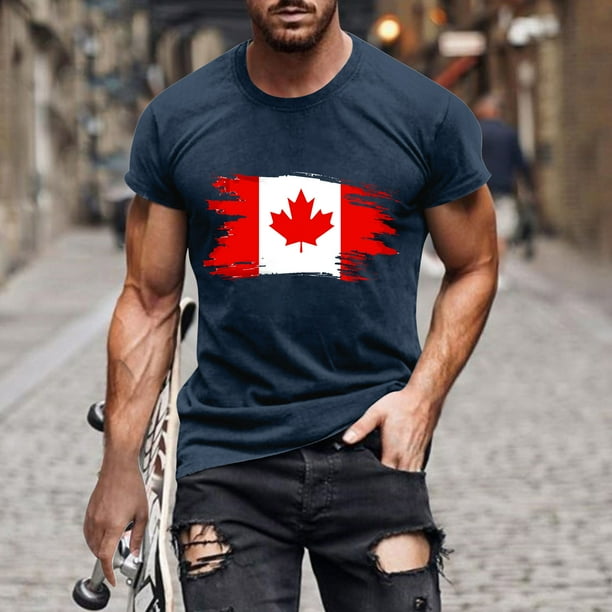 Tops para hombre, blusas y camisas de cuello redondo y manga corta para hombre. Camiseta de cuello redondo y manga corta con estampado de bandera canadiense para hombre. Blusa de algodón y poliéster p