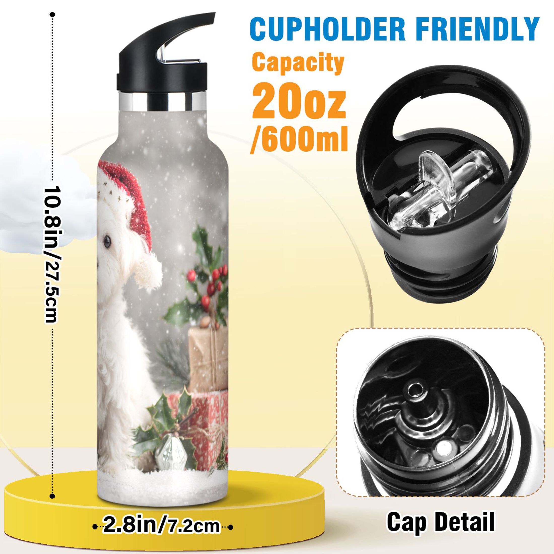 600ML Stainless Steel Insulated Cup Sports Water Bottle Portable Thermos Cup Water Glasses Insulated Tumblers Convenient and Durable Warm Christmas White Dog