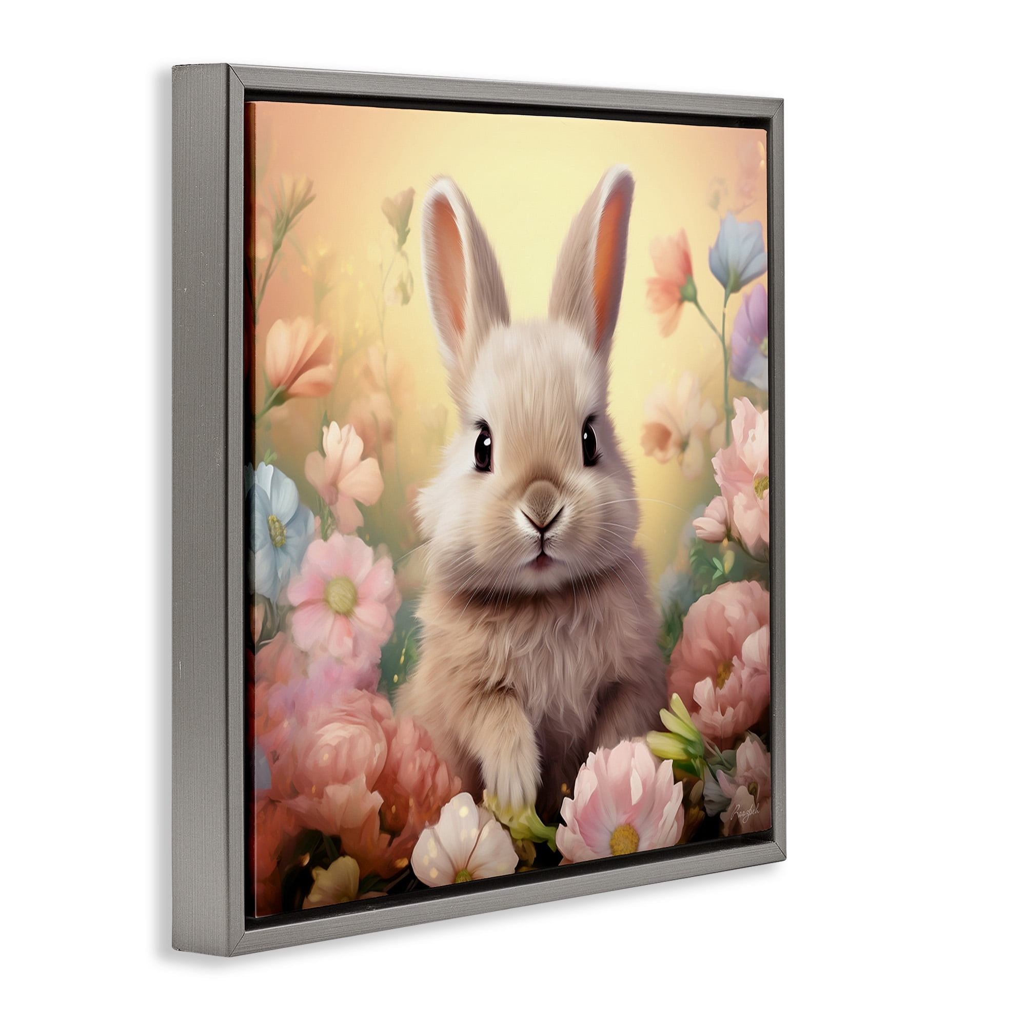 Stupell Industries Bunny in Meadow Animals & Insects Painting Gray Floater Framed Canvas Art Print Wall Art, 25 x 25