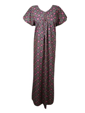 Mogul Women Blue,Pink Floral Maxi Caftan Nightgown Cap Sleeves Sleepwear Housedress Bohemian Loose Nightwear Patio Dresses XL