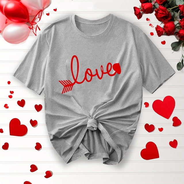 TIMIFIS T-Shirts à Manches Courtes de la Saint-Valentin pour Femmes Mode Décontractée Col Rond T-Shirt Imprimé Cœur d'Amour T-Shirt d'Été Ample Col Rond T-Shirts