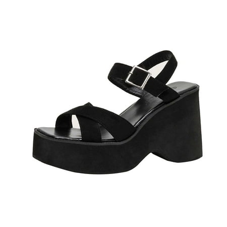 

UHUYA Womens Sandals Wedge Sandals Fashion Open Toe Platform Sandals Low Platform Chunky Block Heels Ankle Straps Sandals Black 36