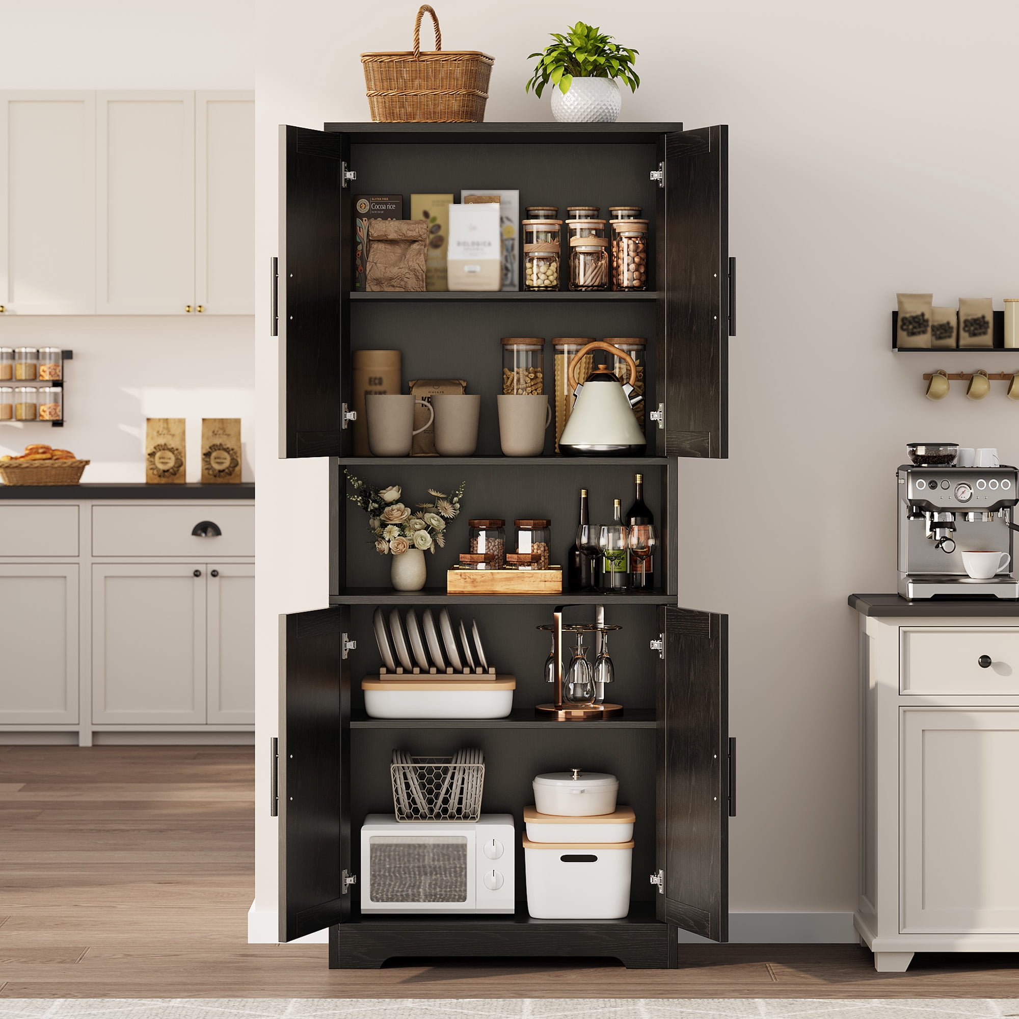 Tall Pantry Cabinet with 4 Doors - 70 Inch Freestanding Cupboard