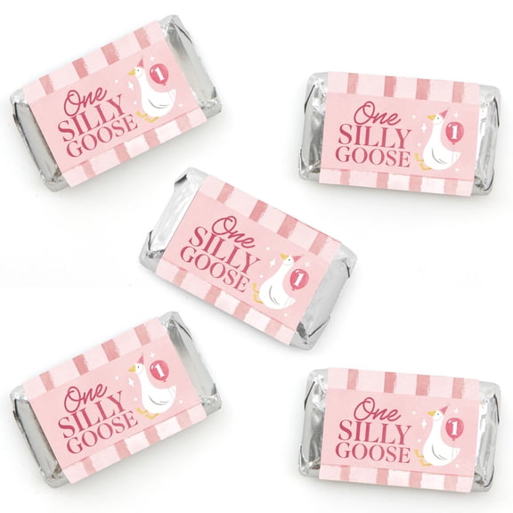 Big Dot of Happiness One Silly Goose Pink Party Mini Candy Bar Wrapper Stickers, Small Girl 1st Birthday Party Favors, Decorative Sticker Labels - 40 Count