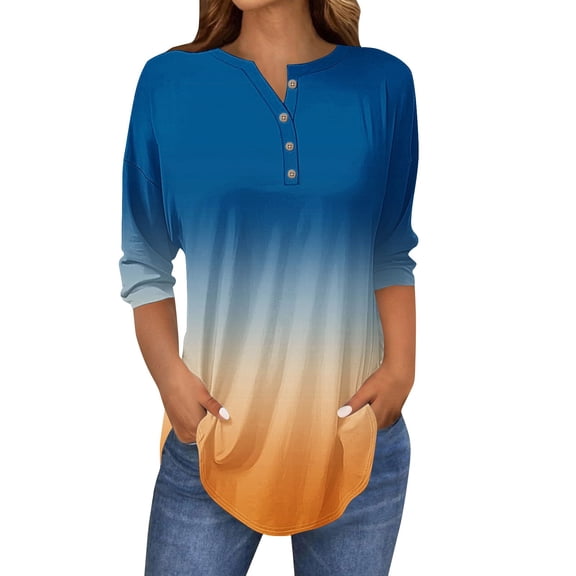 Womens Tops 3/4 Length Sleeve Tops Neck Casual Print Tunic T Shirts Three Quarter Length Tops Blouses For Women