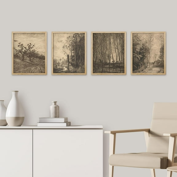 PixonSign Framed Wall Art Rustic Trees Countryside Landscape Prints, Set of 4 Nature Wilderness Paintings, Minimalism Wall Décor, Adhesive Canvas Poster for Home Decor - 11"x14" Natural