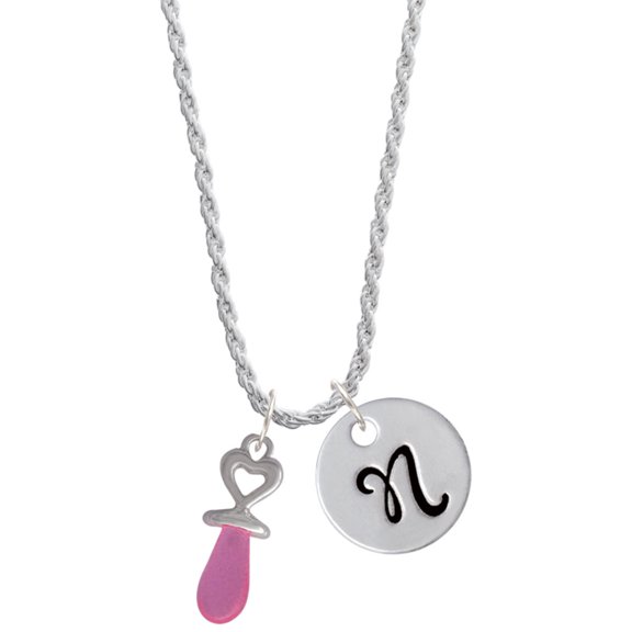 Delight Jewelry Silvertone 3-D Pink Baby Pacifier Silvertone Script Initial Disc - N - Charm Necklace, 20"+3"