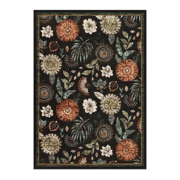 Geetinfly 4 x 6 ft Black Modern Farmhouse Floral Print Living Room Bedroom Dining Room Soft Non Slip Machine Washable Area Rug