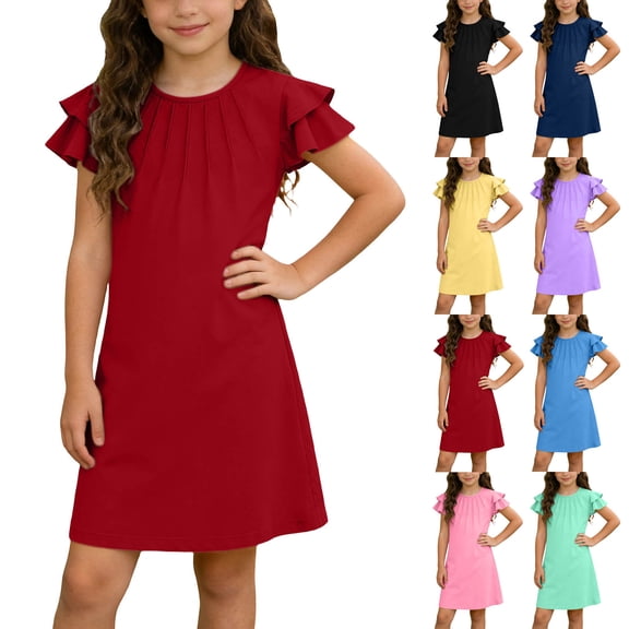 FAIWAD Girls Ruffle Sleeve Dress Kids Summer Crew Neck Pleated Front Casual Dress Solid Color A Line Sundress