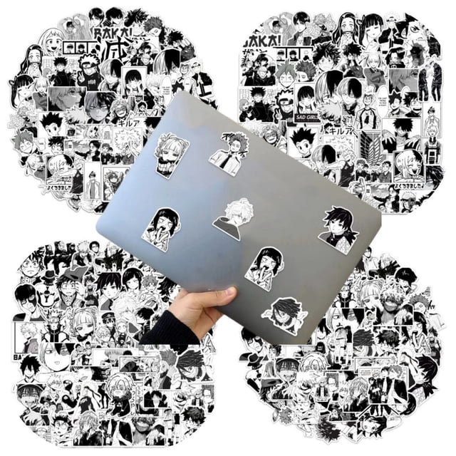 100/50PCS Anime Negro Y Blanco Mixto Demon Slayer/Haikyuu !/Jujutsu Kaisen/My Hero Academia/Pegatinas